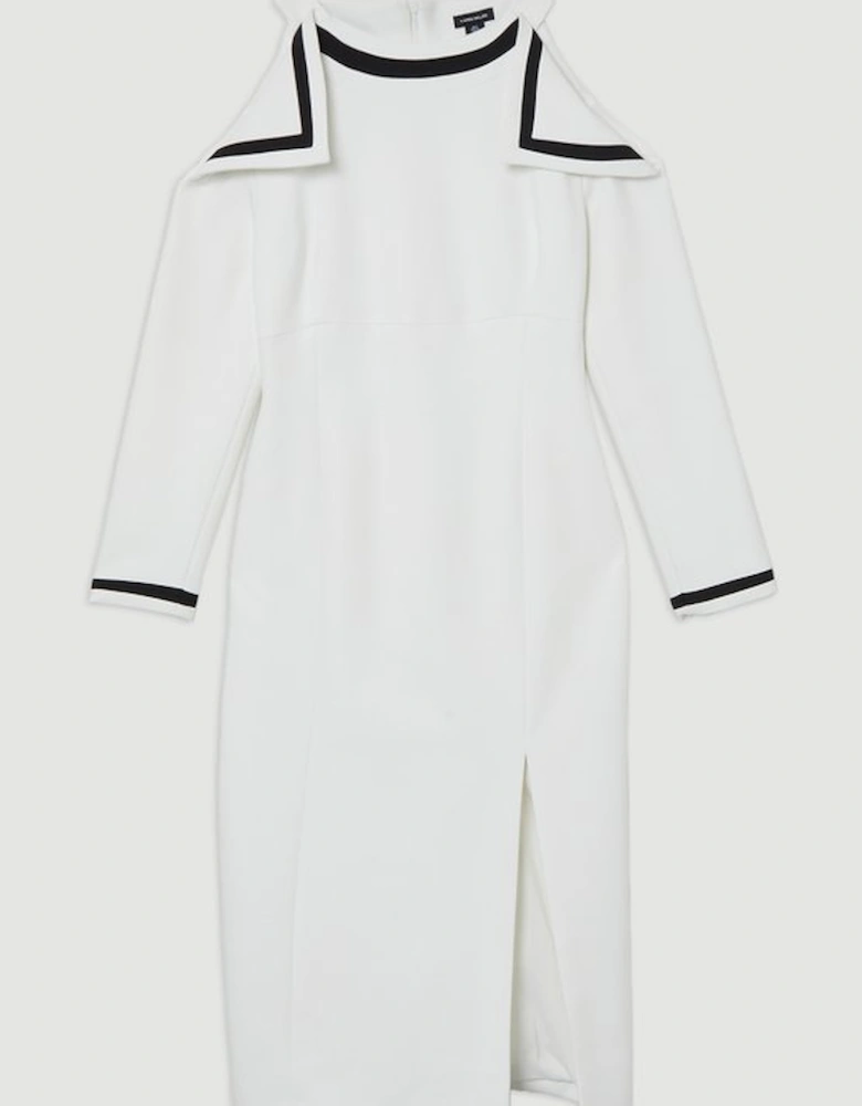 Compact Stretch Contrast Tipped Bardot Tailored Midi Dress