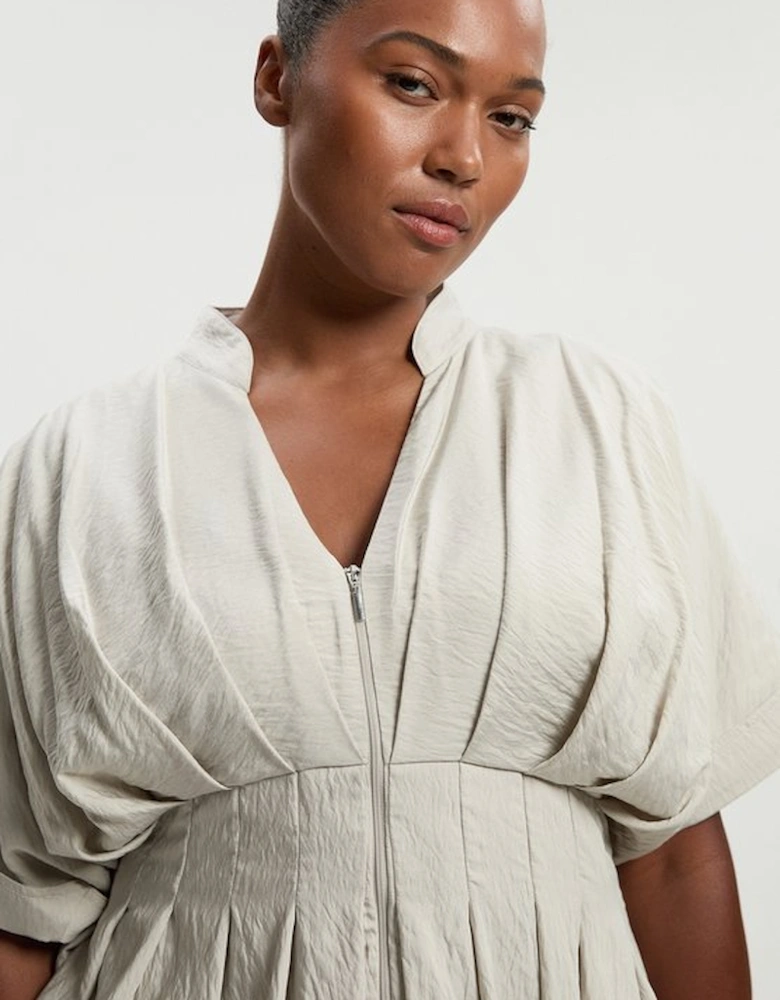Plus Size Pleated Neck Tie Detail Woven Short Sleeve Shirt