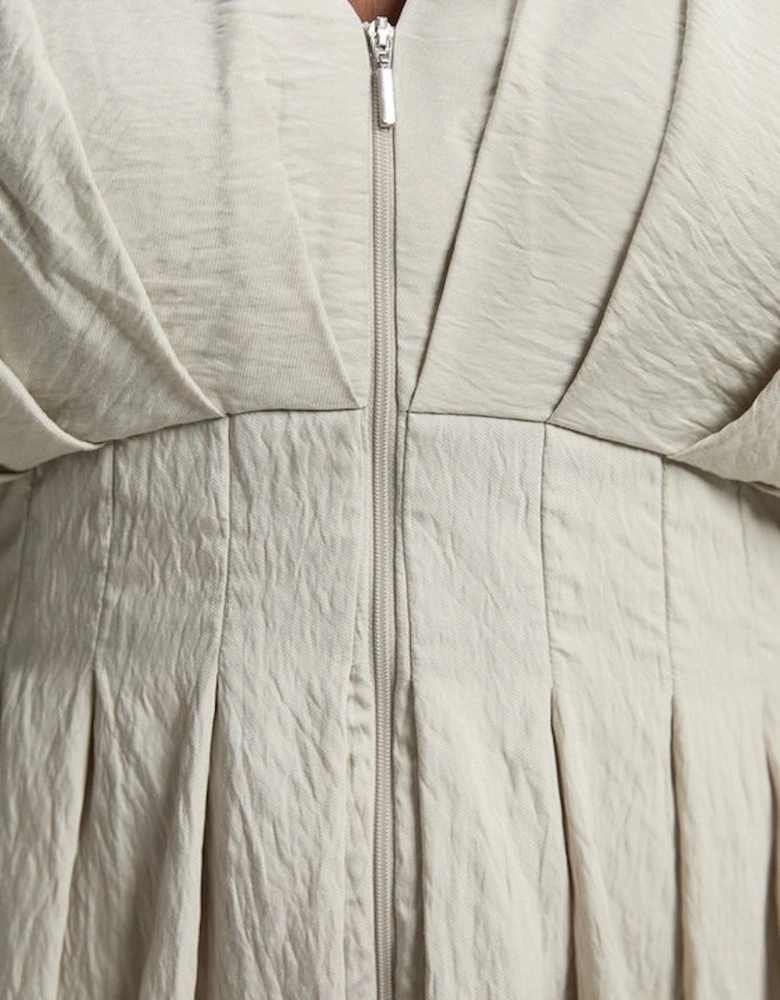 Plus Size Pleated Neck Tie Detail Woven Short Sleeve Shirt