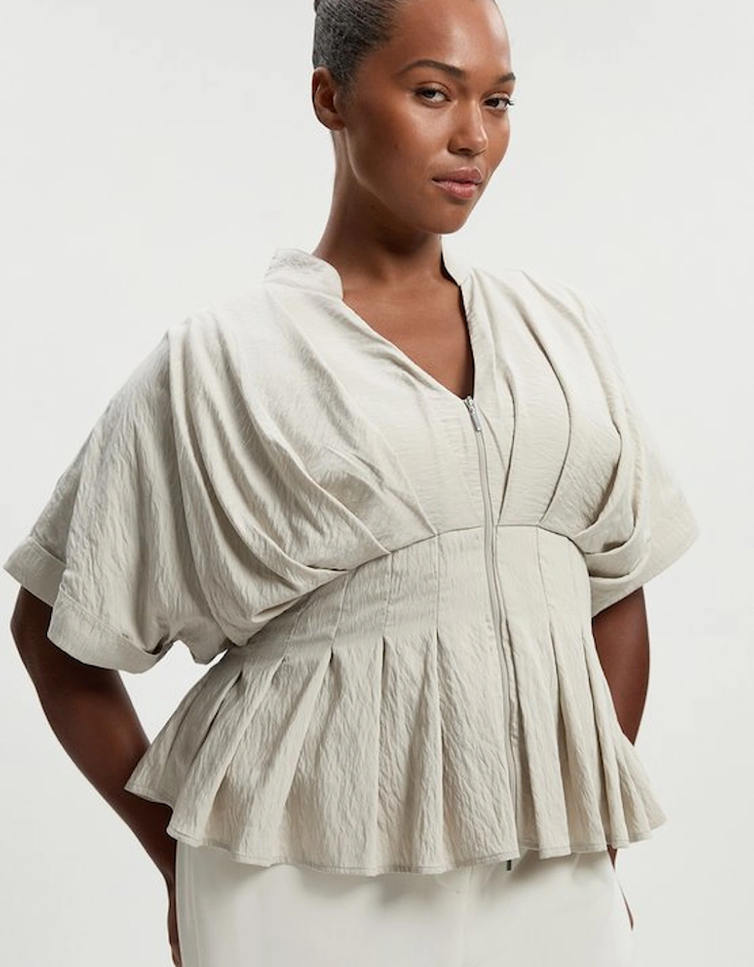 Plus Size Pleated Neck Tie Detail Woven Short Sleeve Shirt, 5 of 4