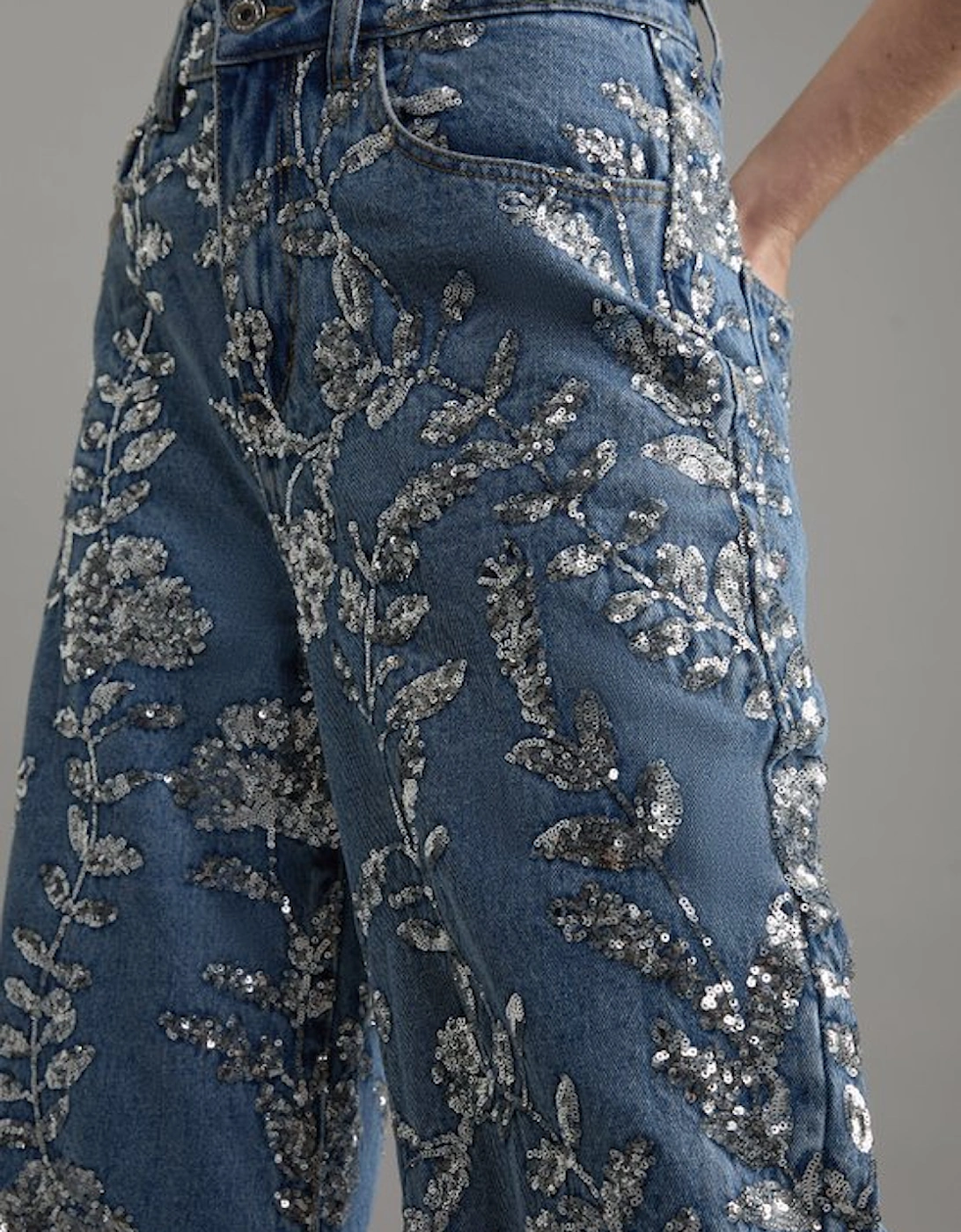 Tall Denim All Over Floral Sequin Wide Leg Trousers
