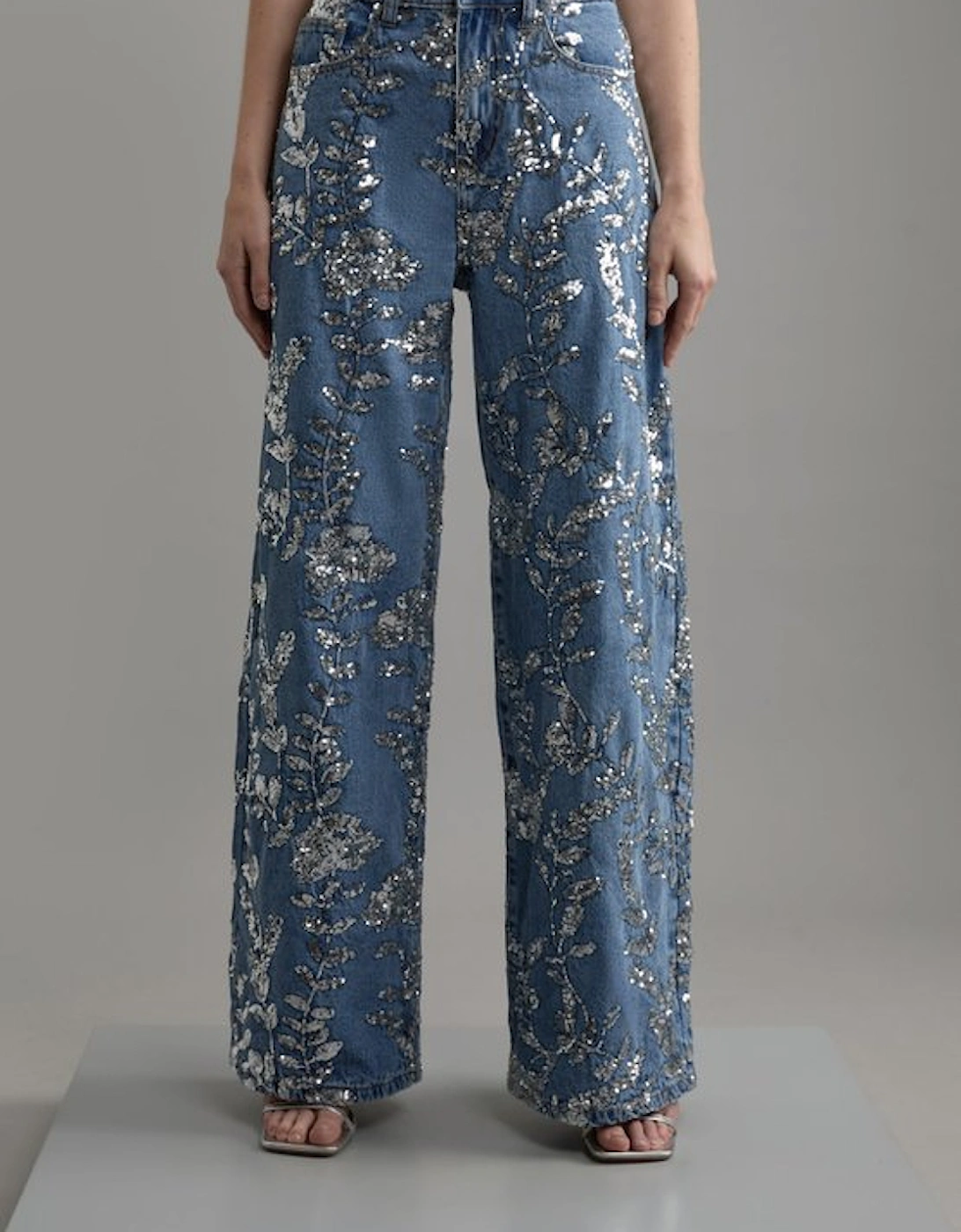 Tall Denim All Over Floral Sequin Wide Leg Trousers