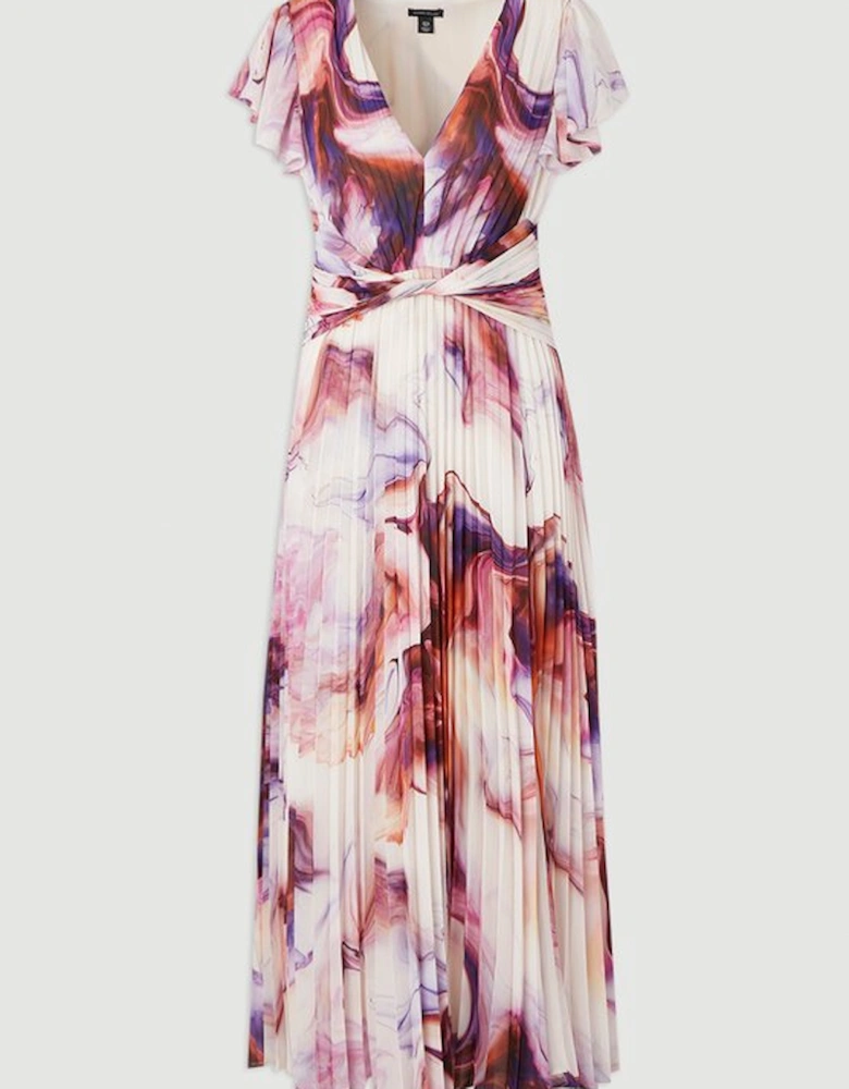 Plus Size Marble Soft Pleated V Neck Woven Maxi Dress