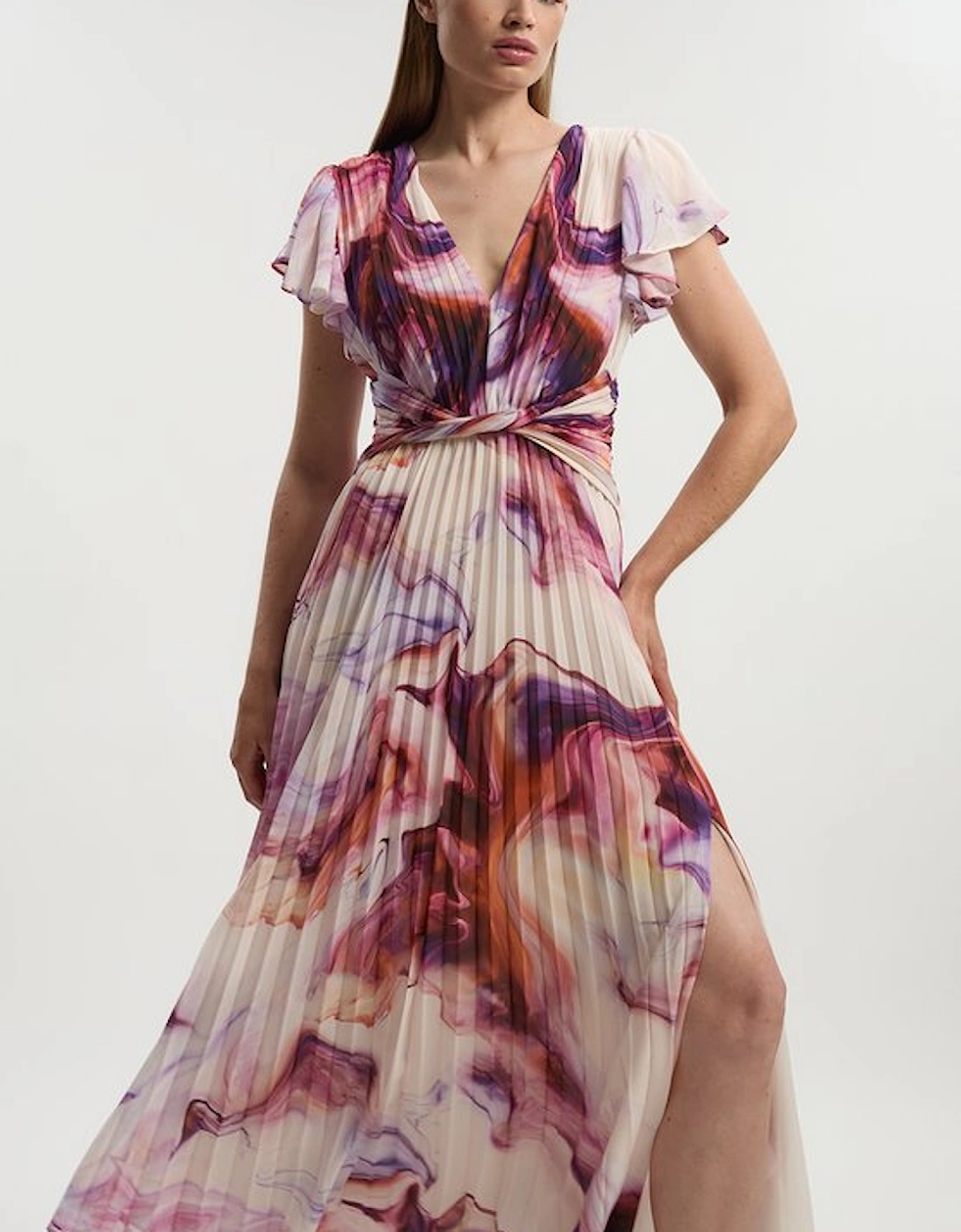 Marble Soft Pleated V Neck Woven Maxi Dress, 5 of 4