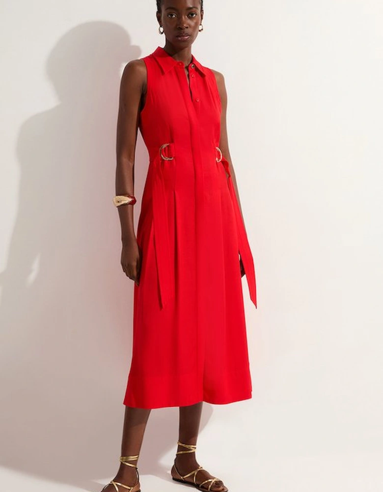 Petite Premium Viscose Linen Topstitch Halter Neck Woven Midi Dress With D Ring Detail