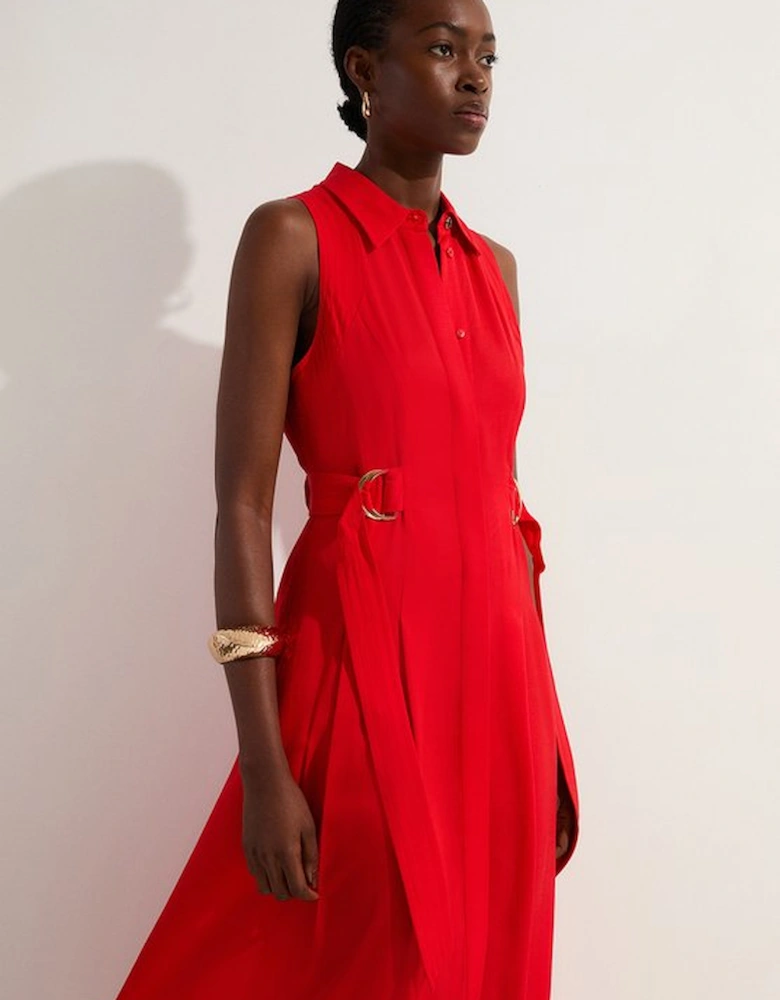 Petite Premium Viscose Linen Topstitch Halter Neck Woven Midi Dress With D Ring Detail