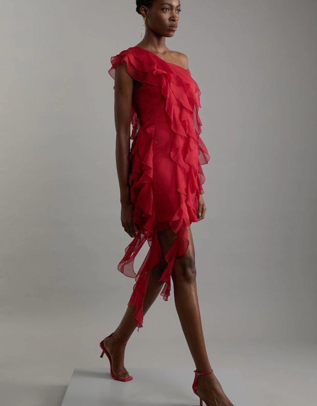 Premium Viscose Georgette Panelled Ruffle Detail Woven Midi Dress, 5 of 4