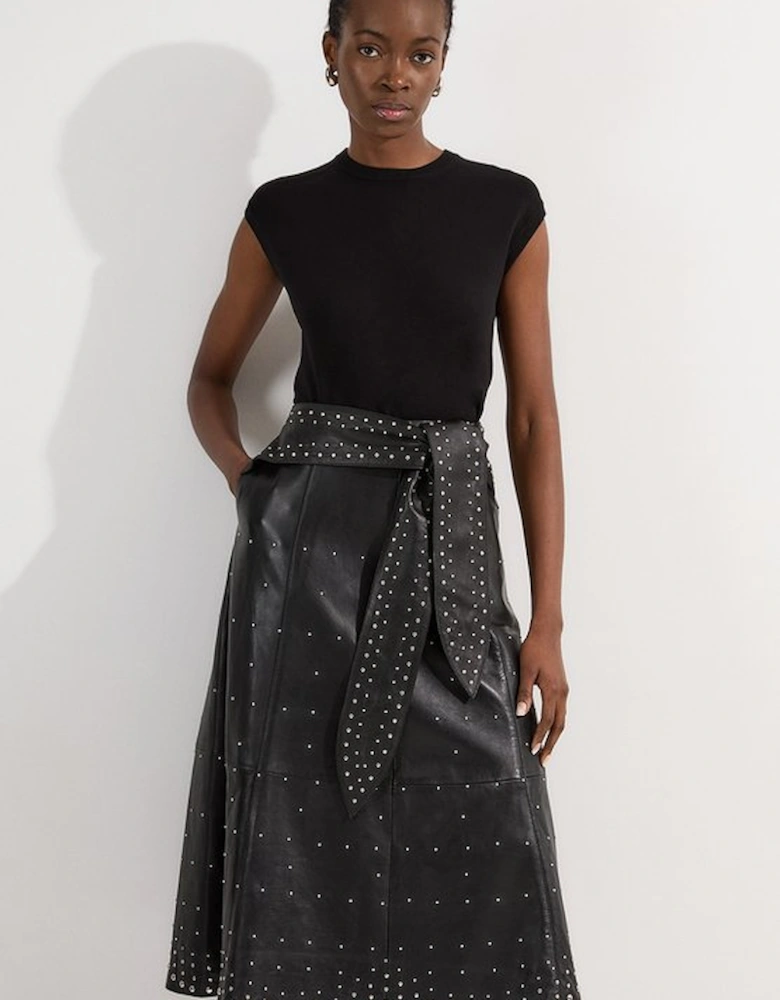 Studded Leather Tie Belted Full Midi Skirt