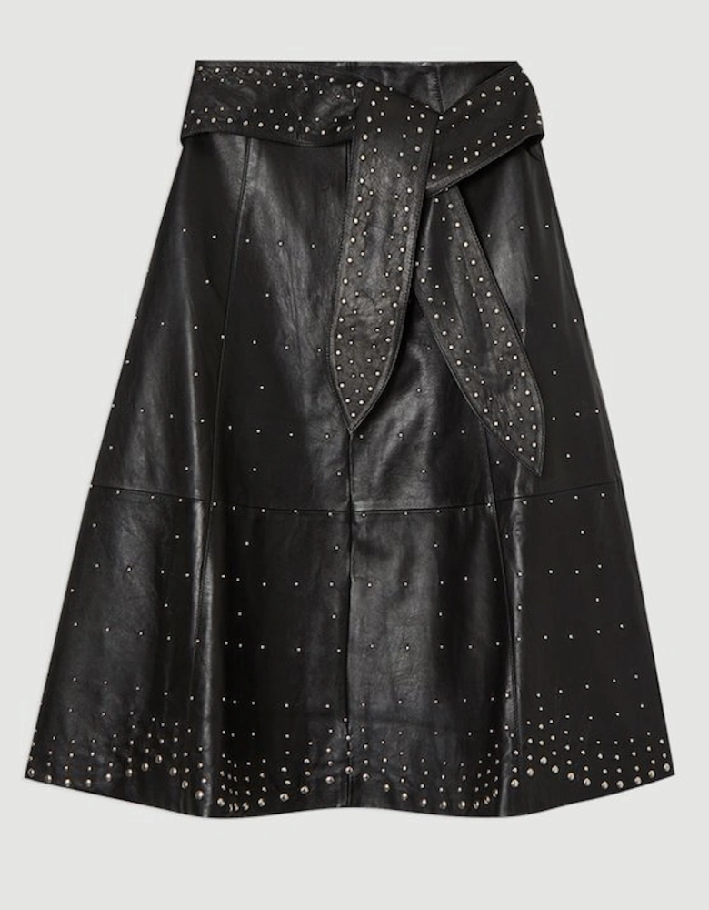 Studded Leather Tie Belted Full Midi Skirt