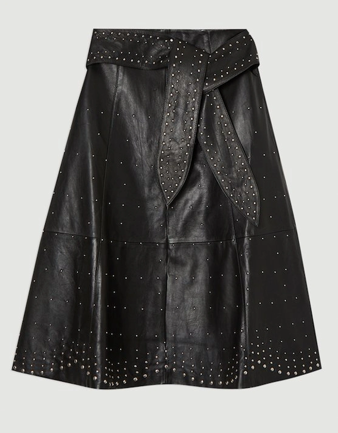 Studded Leather Tie Belted Full Midi Skirt