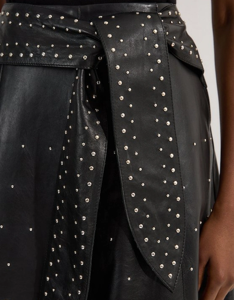Studded Leather Tie Belted Full Midi Skirt