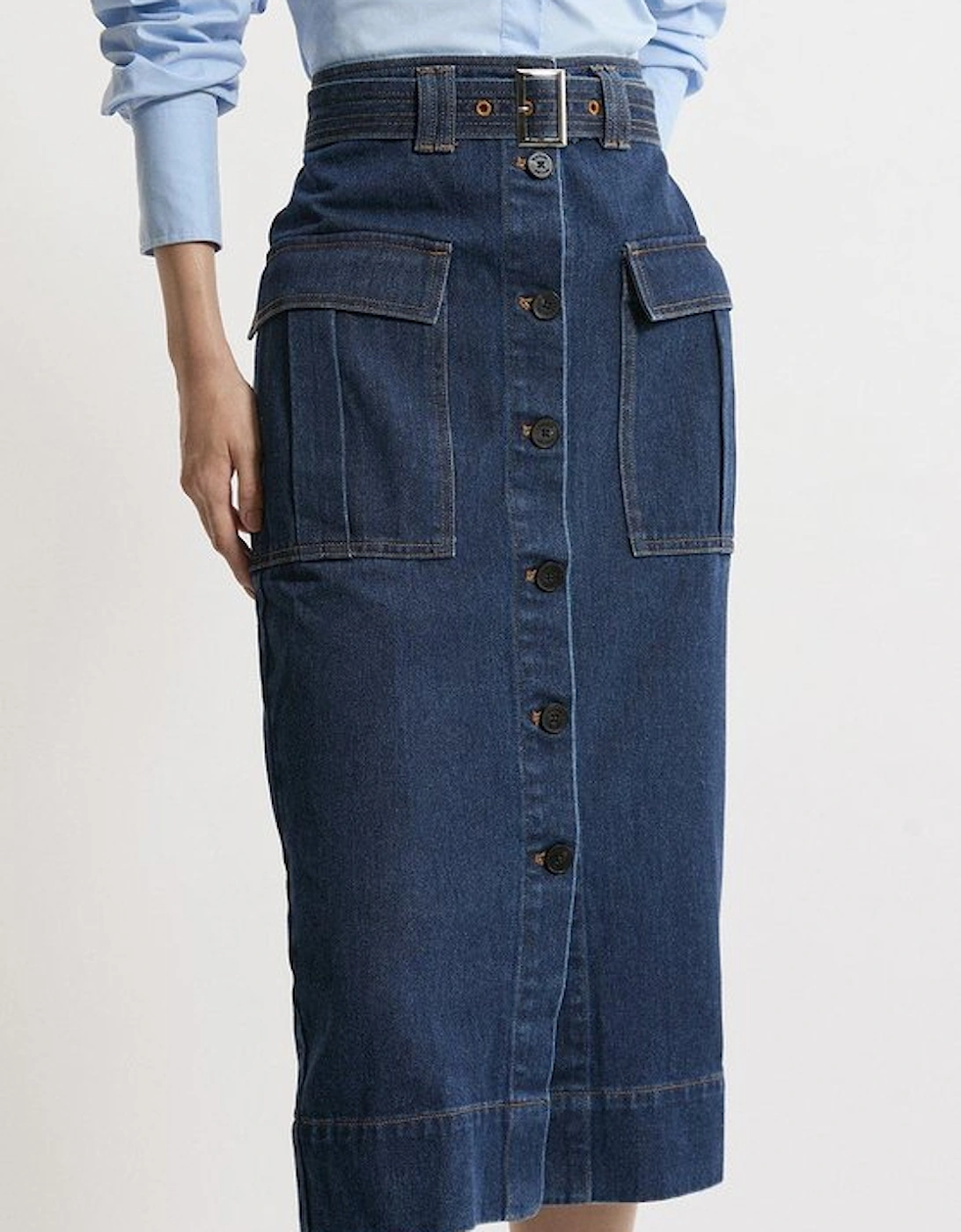 Denim Cargo Pocket Belted Midi Skirt