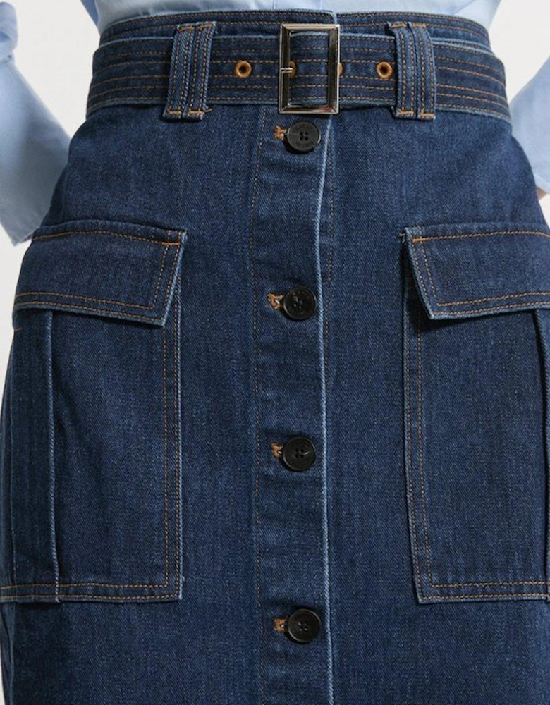 Denim Cargo Pocket Belted Midi Skirt