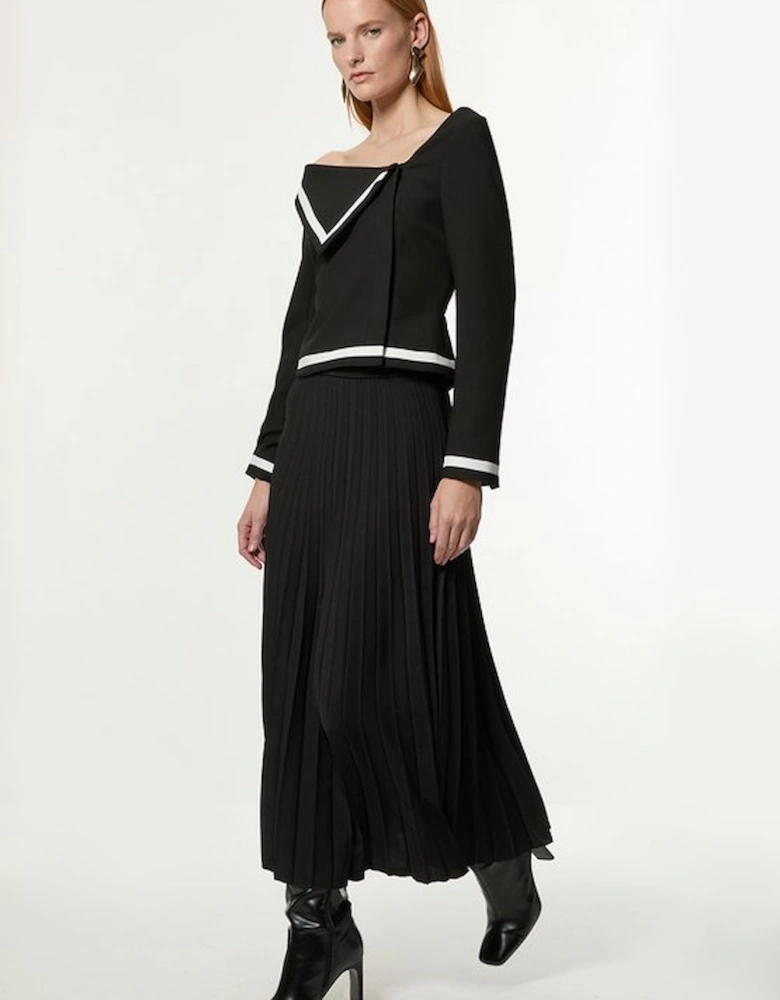 Compact Stretch Asymmetric Neck Colour Block Pleated Tailored Midaxi Dress