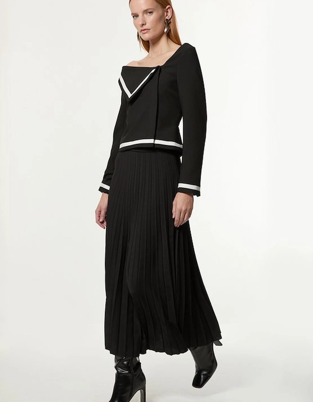 Compact Stretch Asymmetric Neck Colour Block Pleated Tailored Midaxi Dress, 5 of 4