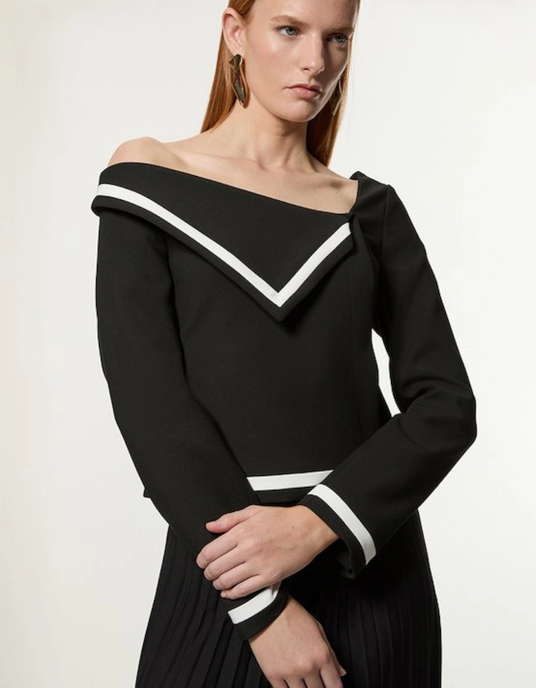 Compact Stretch Asymmetric Neck Colour Block Pleated Tailored Midaxi Dress