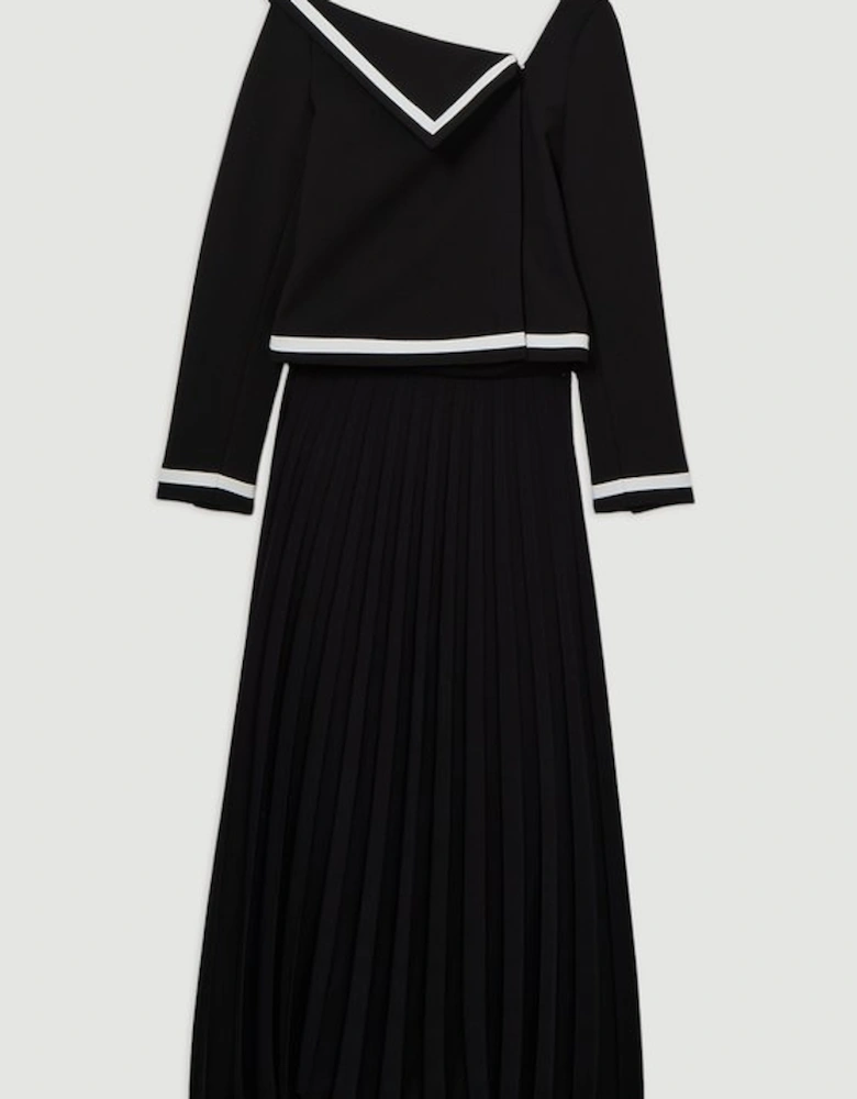 Compact Stretch Asymmetric Neck Colour Block Pleated Tailored Midaxi Dress