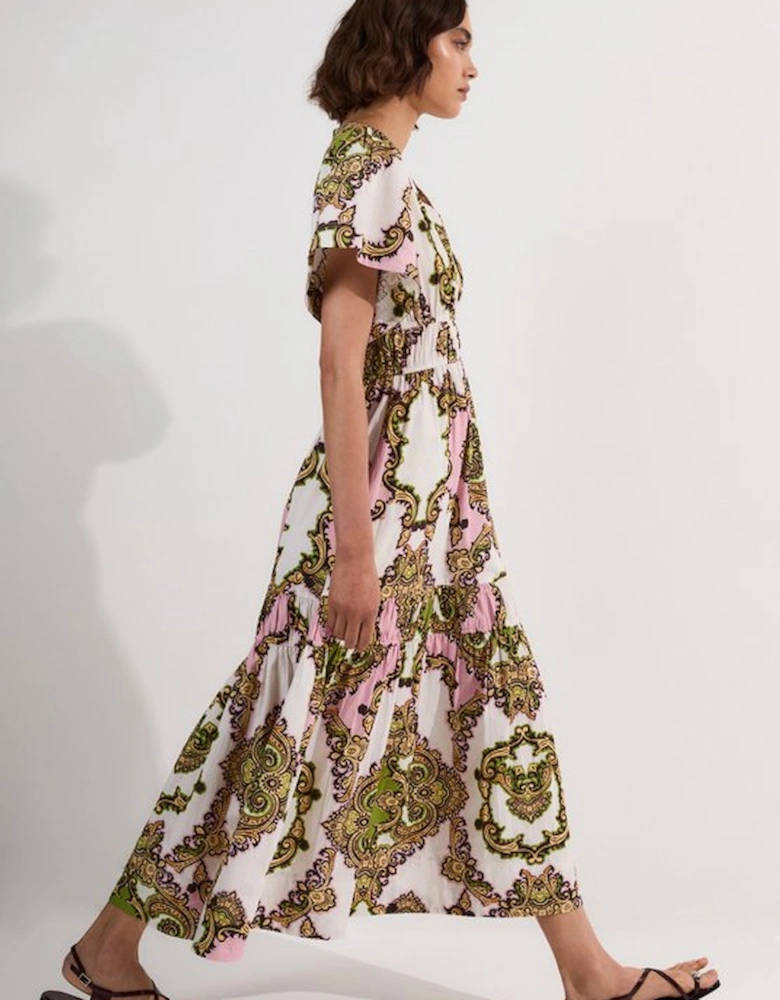 Tall Shirred Cotton Tiered Tile Print Woven Maxi Dress