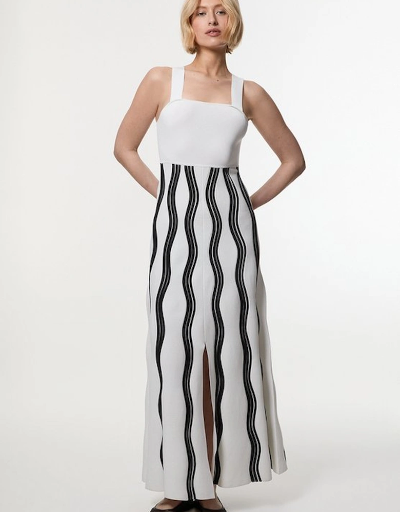 Contrast Wave Knit A-Line Knitted Strappy Dress