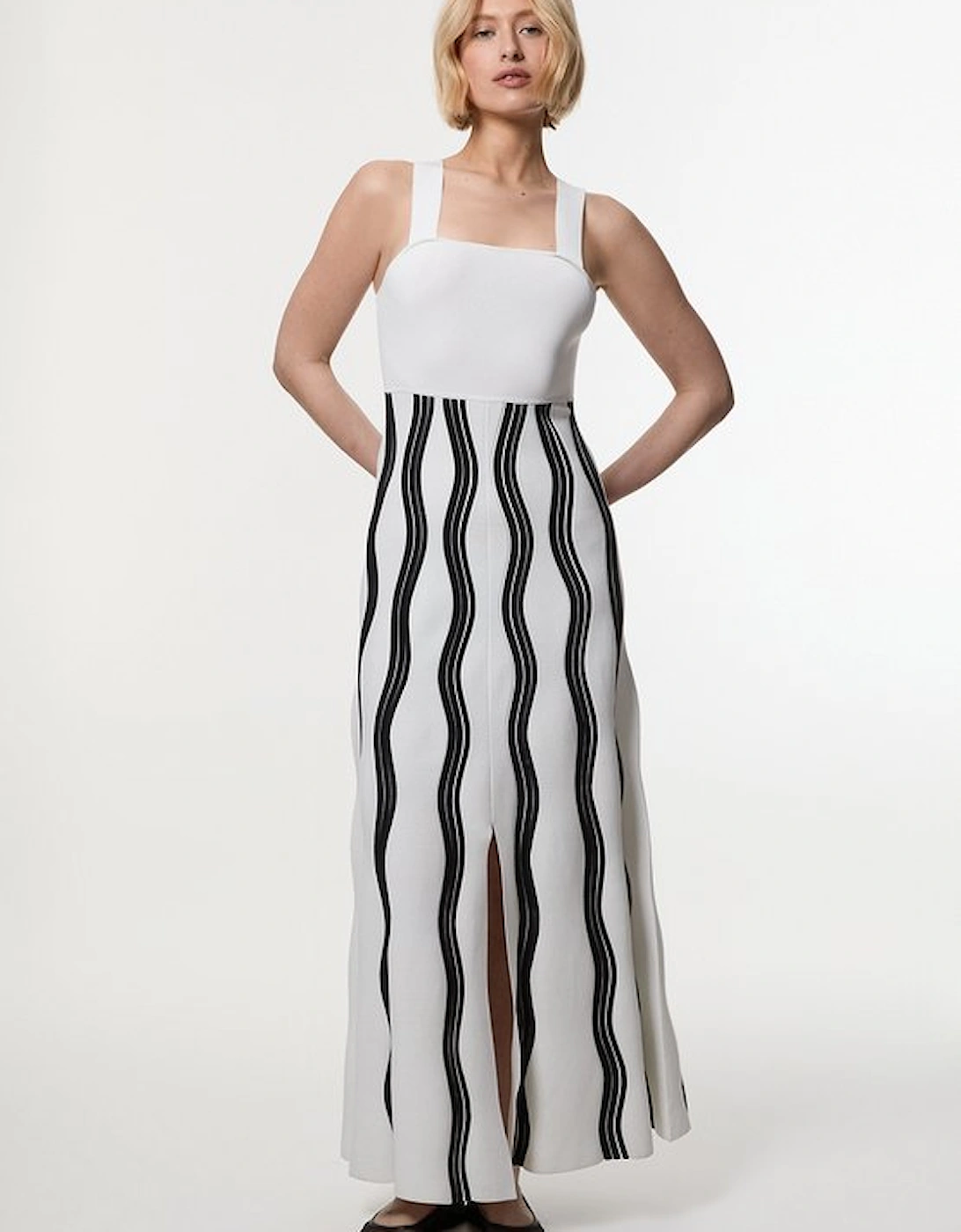 Contrast Wave Knit A-Line Knitted Strappy Dress, 5 of 4