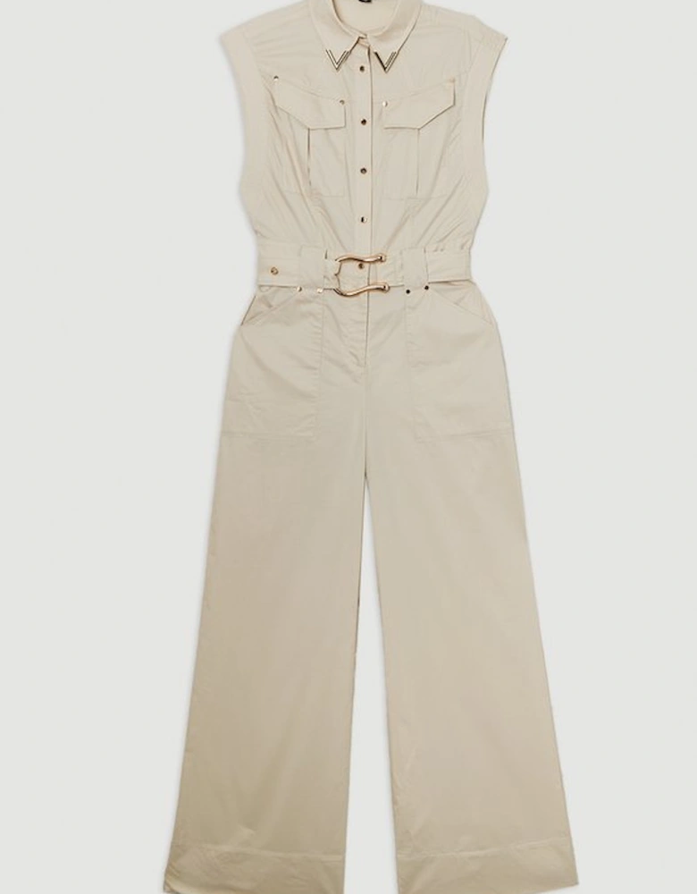 Cotton Sateen Utility Top Stitch Detail Woven Jumpsuit With Gold Hardware