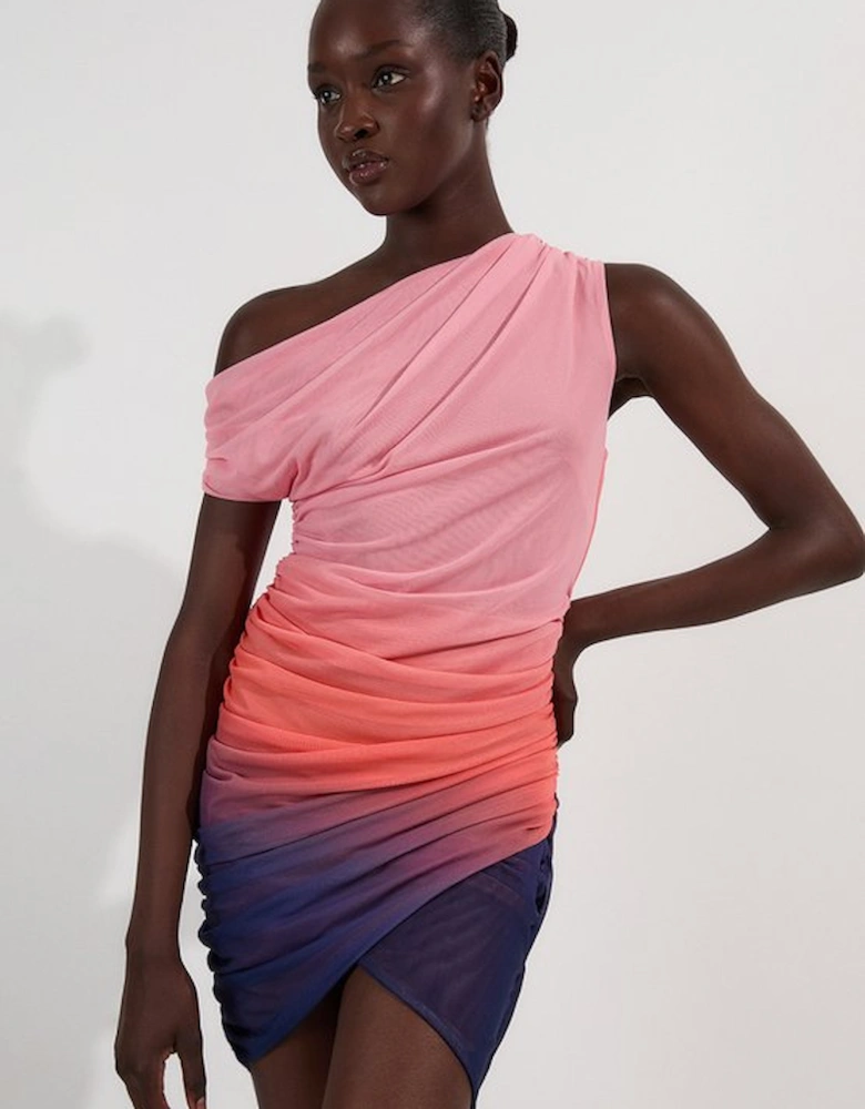 Sunset Ombre Mesh Asymmetric Draped Jersey Mini Dress