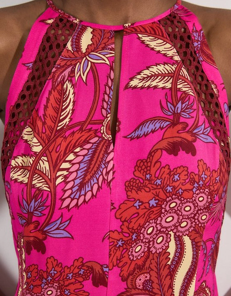 Petite Viscose Floral Print Linen Lace Trim Insert Woven Halter Neck Maxi Dress