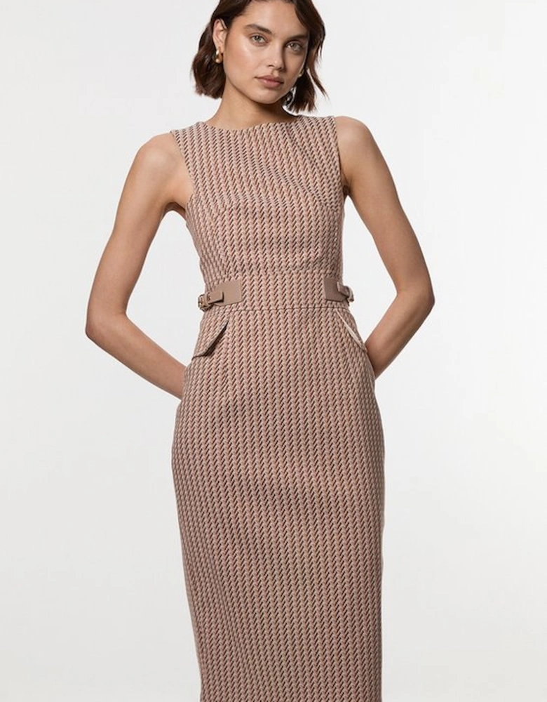 Jacquard Tab Waist Detail Tailored Midi Dress