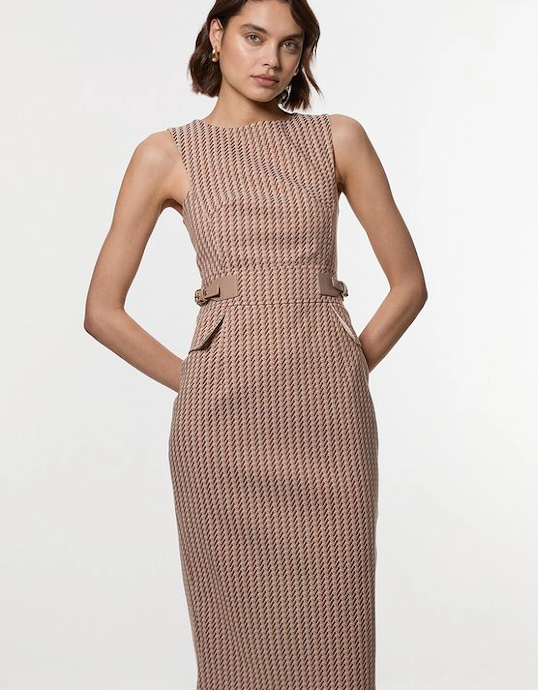 Jacquard Tab Waist Detail Tailored Midi Dress, 5 of 4