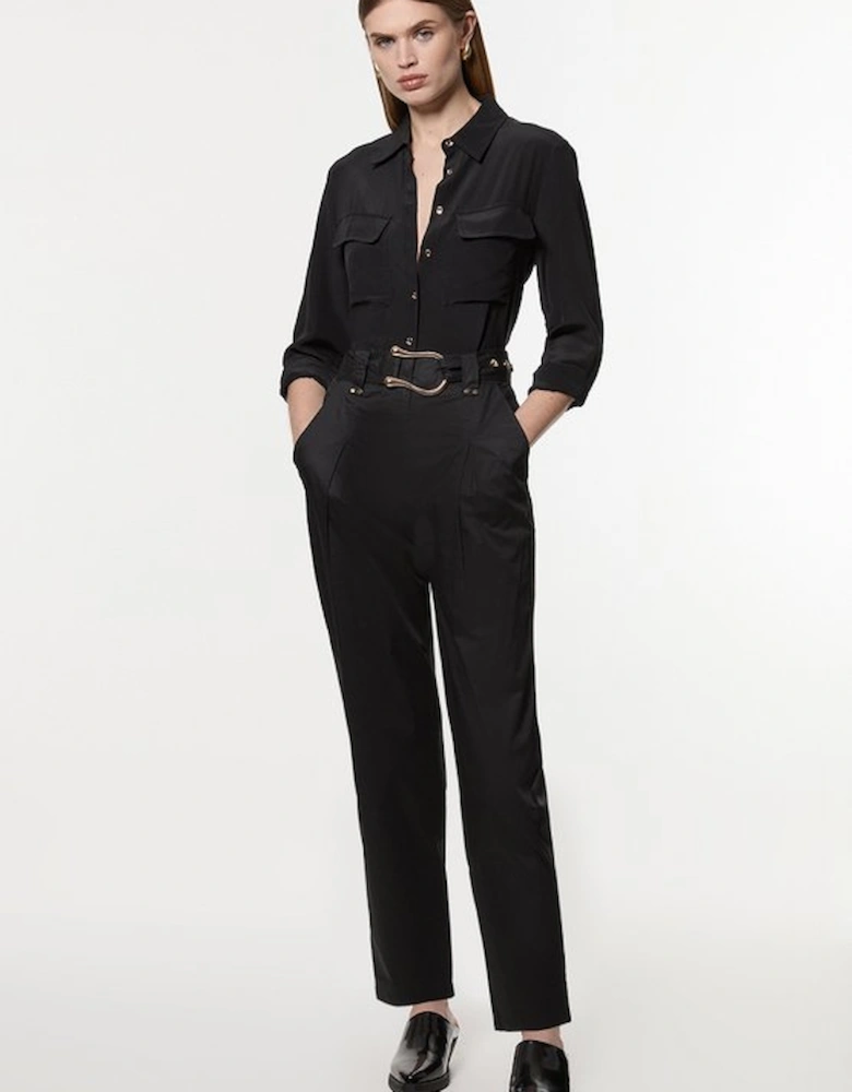Cotton Sateen Belt Detail Woven Trouser