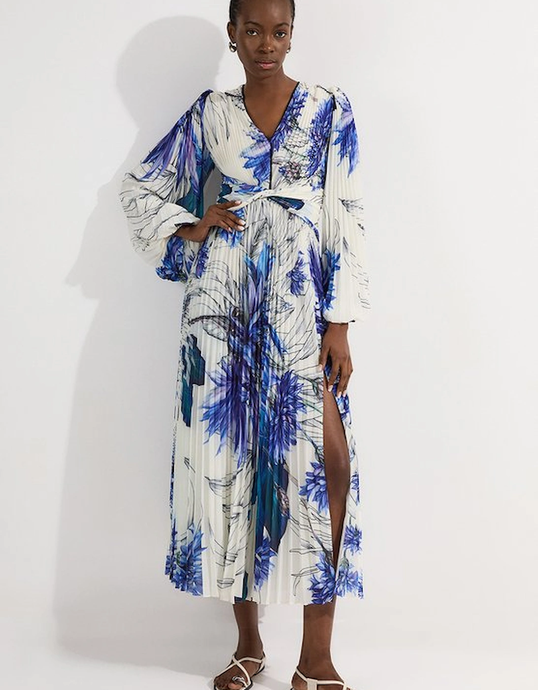 Tall Floral Balloon Sleeve Pleated Crinkle Cut Out Woven Maxi Dress, 4 of 3