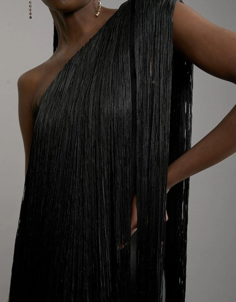 Figure Form Bandage One Shoulder Fringe Mini Knit Dress