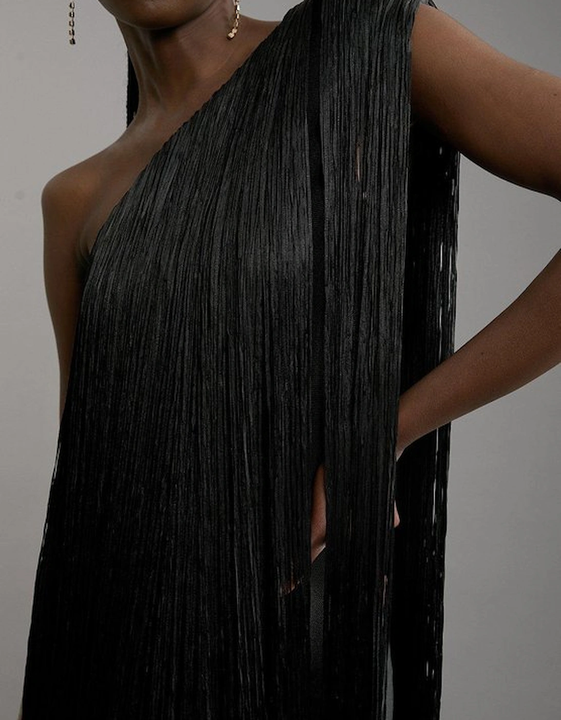 Figure Form Bandage One Shoulder Fringe Mini Knit Dress