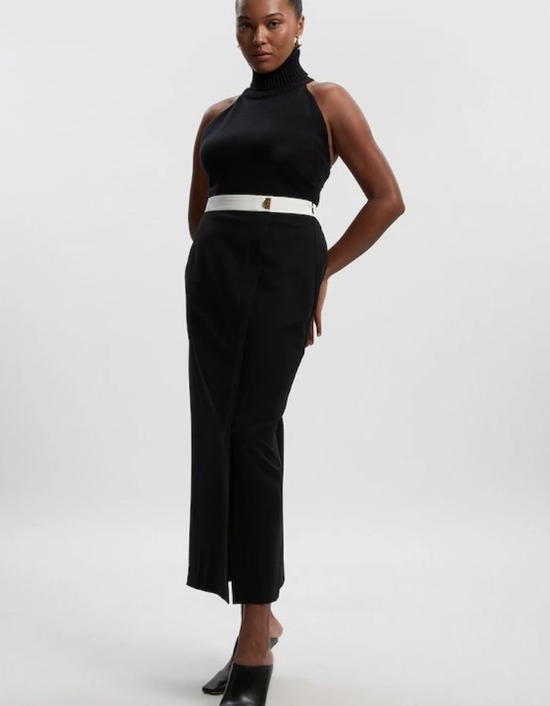 Plus Size Twill Contrast Hardware Woven Midi Skirt