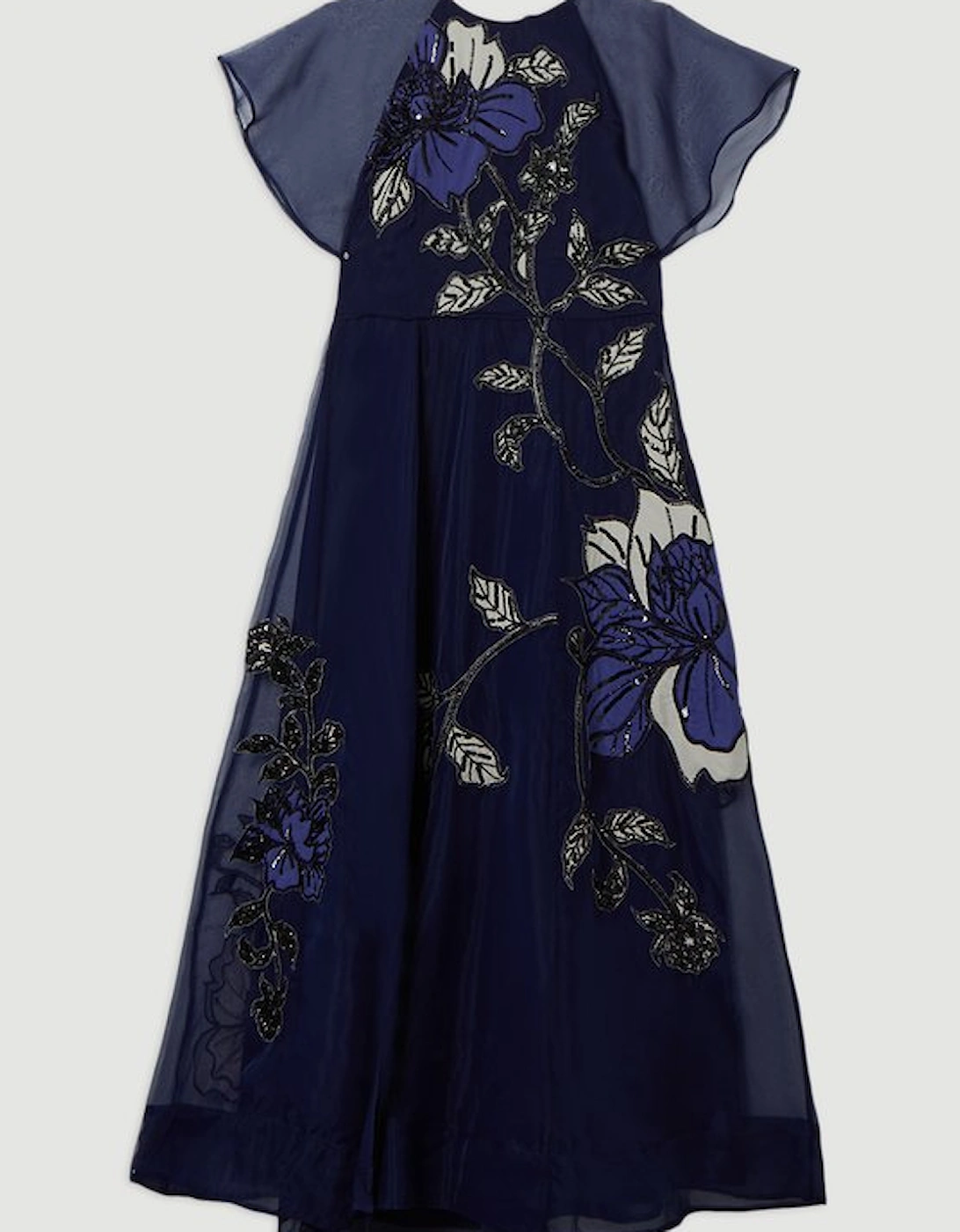 Short Sleeve Sleeve Floral Applique Organdie Woven Maxi Dress
