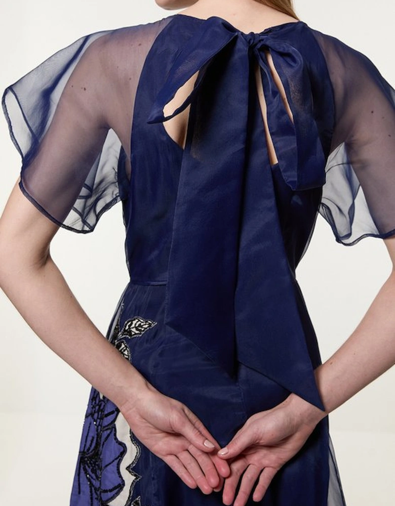 Short Sleeve Sleeve Floral Applique Organdie Woven Maxi Dress