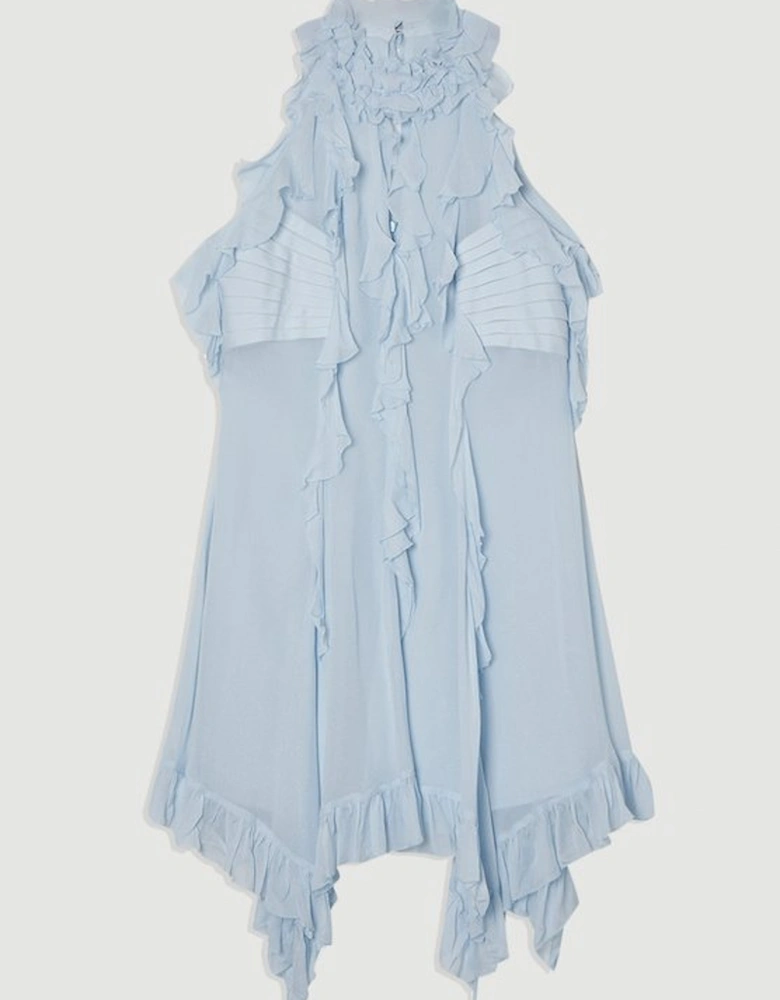 Viscose Georgette Ruffle Halter Neck Woven Top Mini Dress