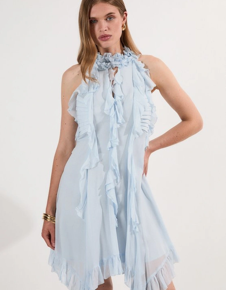 Viscose Georgette Ruffle Halter Neck Woven Top Mini Dress