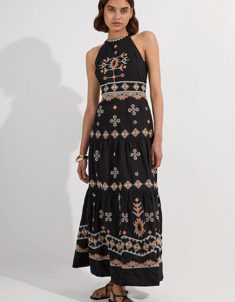 Cotton Embroidered Woven Halter Maxi Dress
