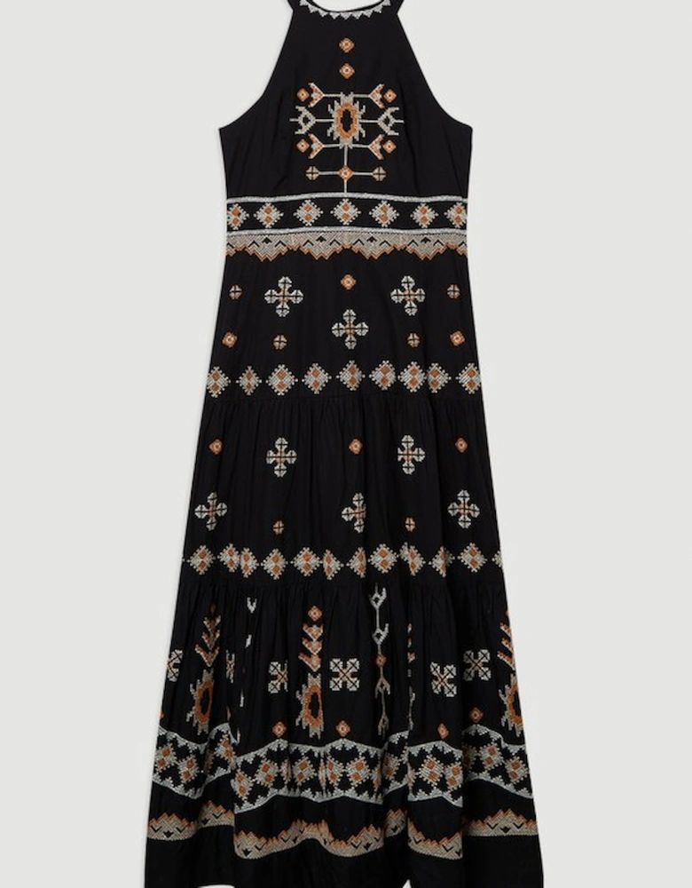 Cotton Embroidered Woven Halter Maxi Dress