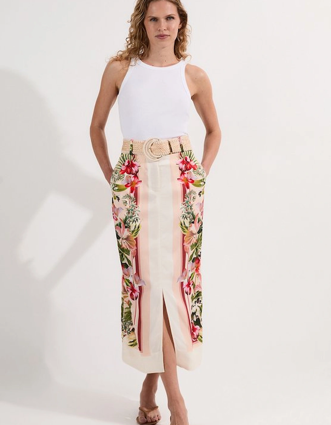 Petite Mirrored Viscose Linen Floral Print With Raffia Belt Woven Midi Skirt, 4 of 3