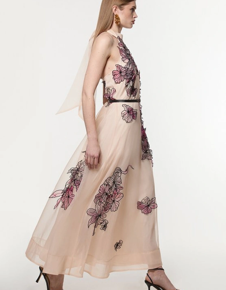 Floral Applique Organdie Woven Halter Neck Maxi Dress