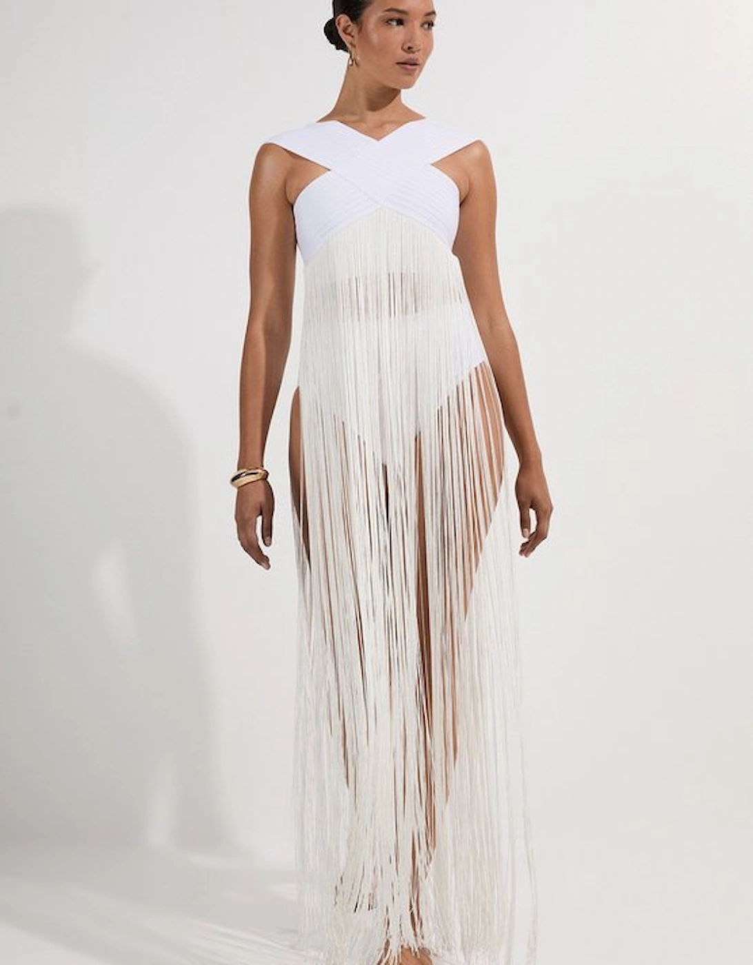 Bandage V Neck Cut Out Fringed Bikini Top, 5 of 4