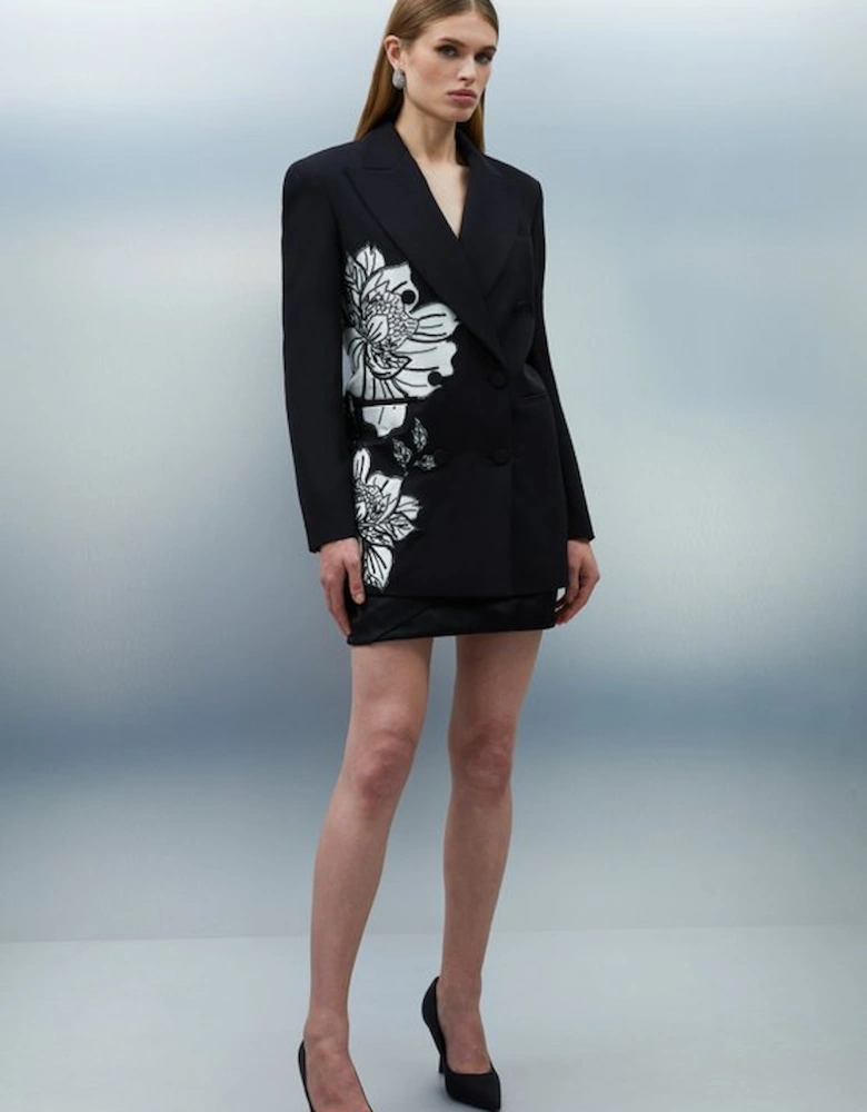 Tailored Applique Satin Beaded Tuxedo Blazer