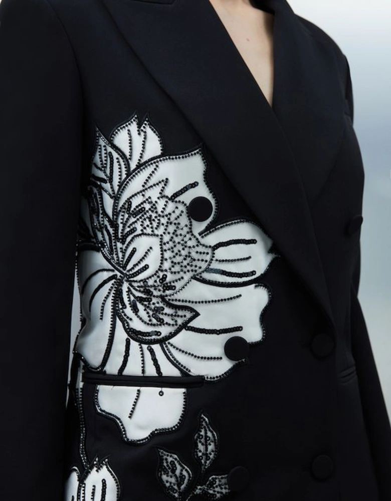 Tailored Applique Satin Beaded Tuxedo Blazer