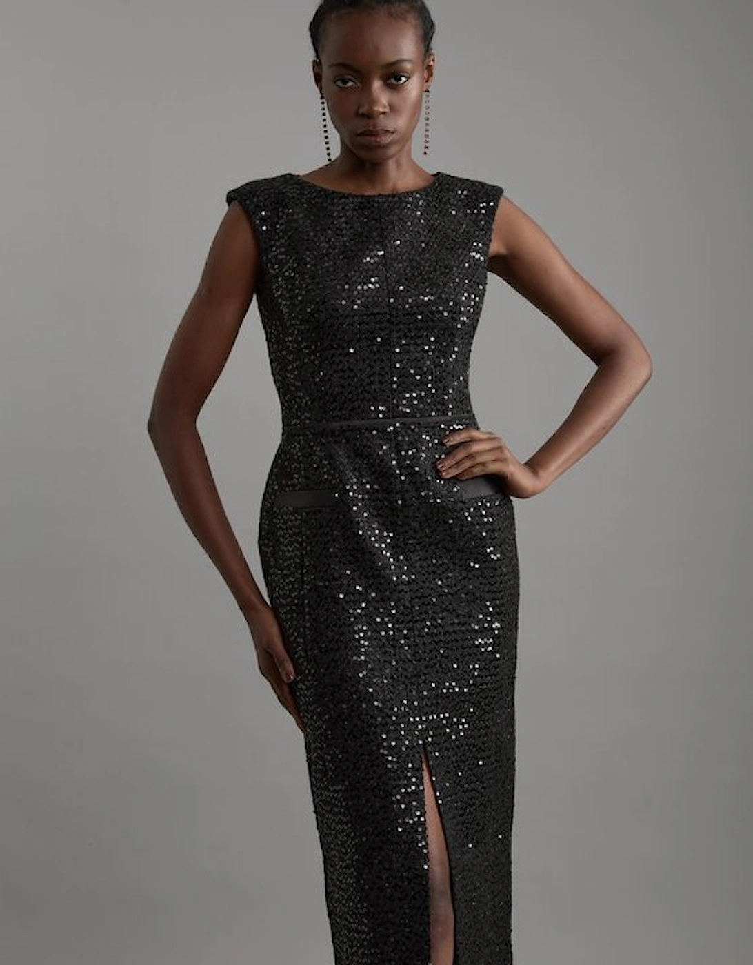 Tailored Sequin Tweed Drop Waist Midi Dress, 5 of 4