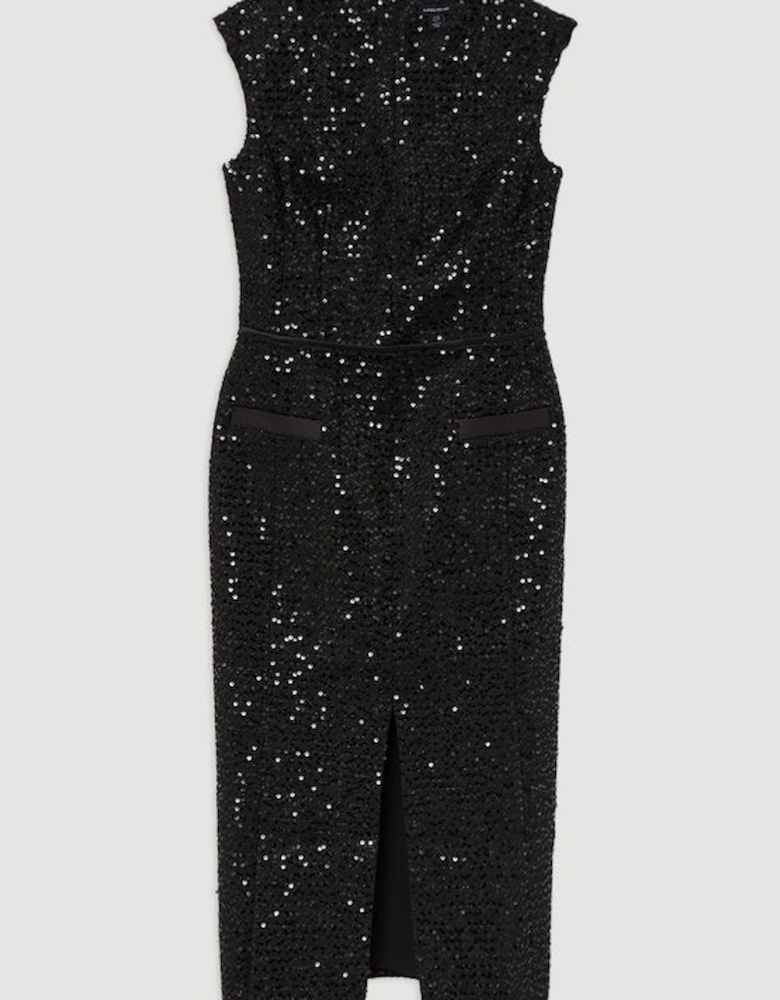 Tailored Sequin Tweed Drop Waist Midi Dress