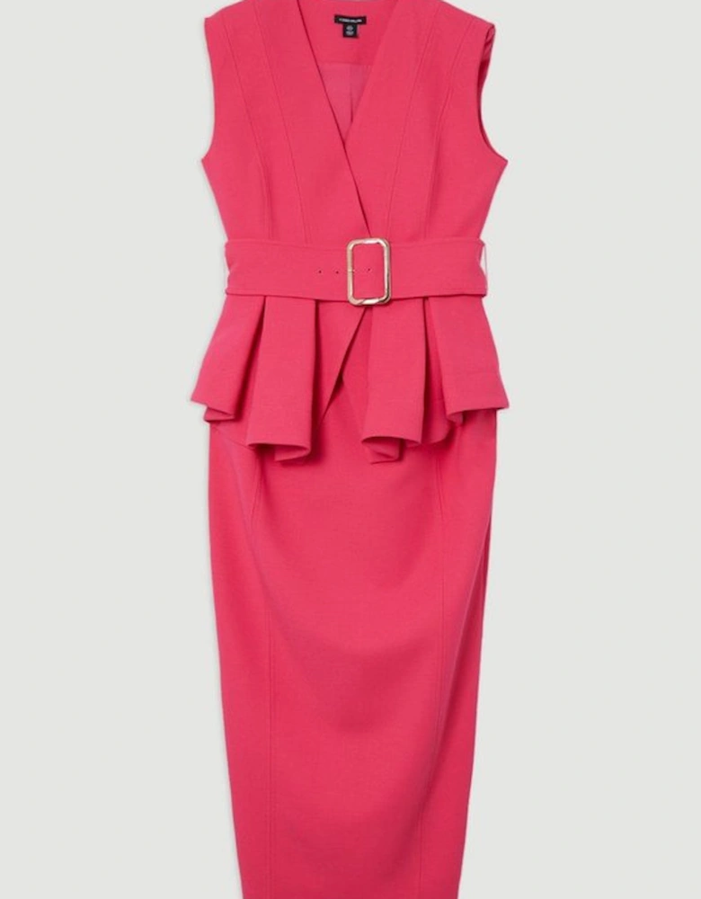Compact Stretch Belted  Peplum Tailored Maxi Dress