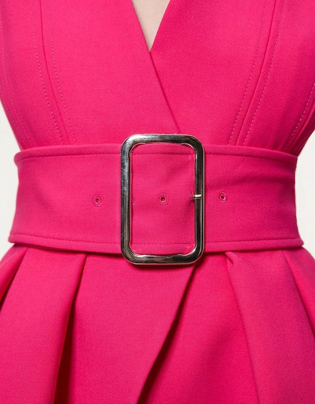 Compact Stretch Belted  Peplum Tailored Maxi Dress