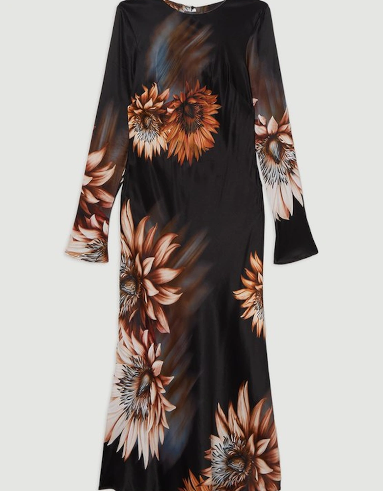 Viscose Satin Long Sleeve Bias Cut Woven Midi Dress